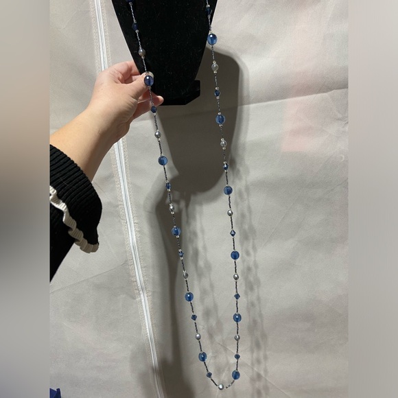 Gray and Blue Large and Seed Bead Long Necklace. Multiple Options for Layering - Picture 4 of 6